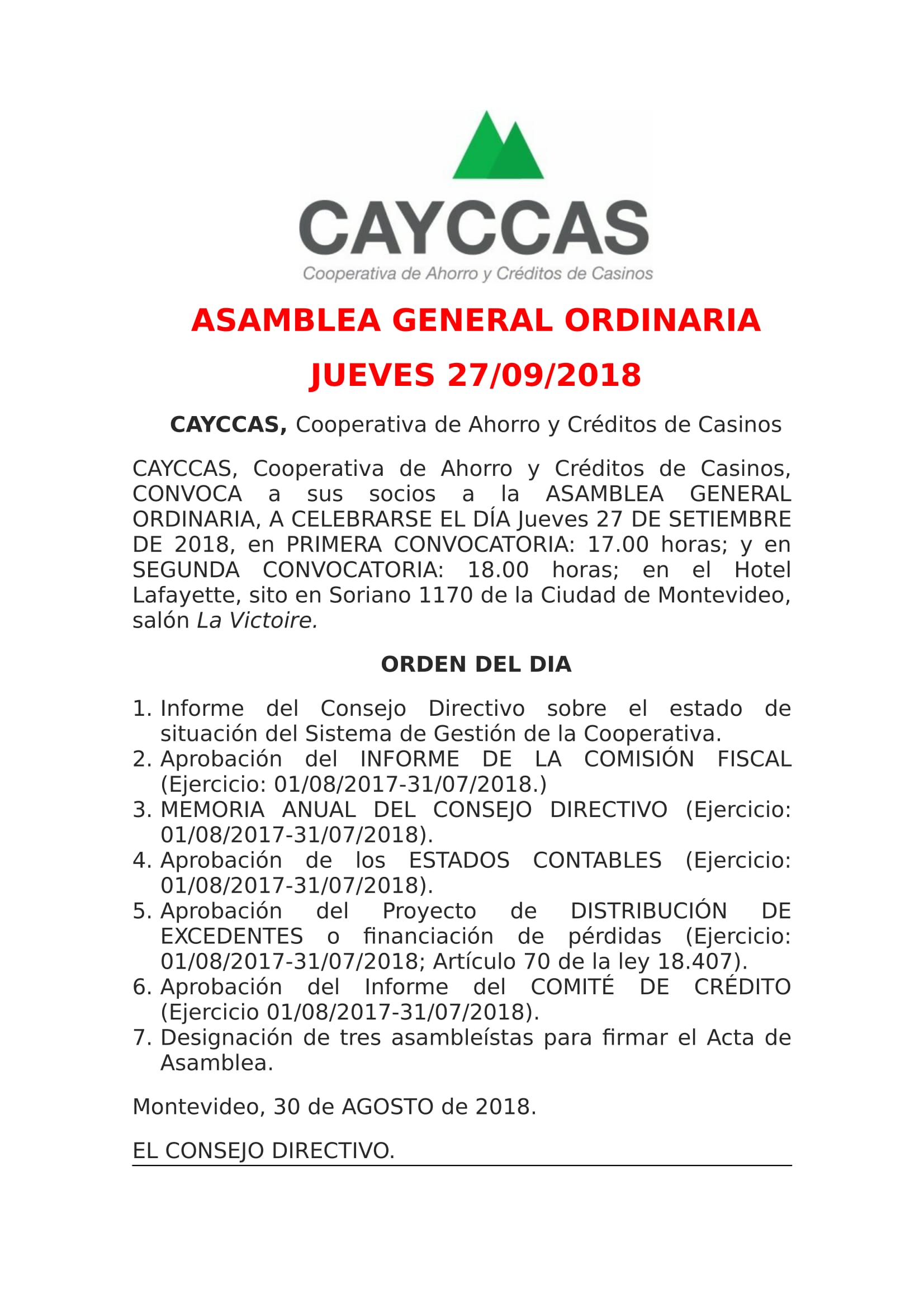 Convocatoria a asamblea general ordinaria 2018 CAYCCAS